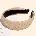 Elegant beige braided leather-look headband hair hoop for women's hair styling - Wide Khaki Style
