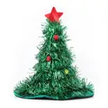 Festive green tinsel Christmas tree hat decorated with red star and colorful pom-poms - Green (No Light)