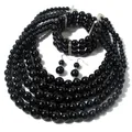 Elegant black multi-layered faux pearl necklace, bracelet and earrings jewelry set. - 5-Row Black Artificial Pearl Necklace Bracelet Earring Set