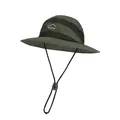Dark green outdoor sun hat with wide brim, mesh panels and adjustable chin strap. - Army Green