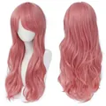 Longue perruque cosplay rose ondulée de 70 cm avec frange, cheveux synthétiques - Rose Fumé