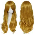 Vues avant et arrière d'une perruque de cosplay blonde dorée ondulée de 70 cm sur mannequin - Jaune d'Or
