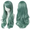 Longue perruque cosplay ondulée bleu sarcelle 70cm vue avant et arrière - Vert