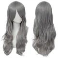 Longue perruque de cosplay synthétique grise ondulée avec frange vue de face et dos - Gris Argent