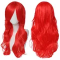 Longue perruque cosplay rouge ondulée 70cm cheveux synthétiques vue de face et de dos - Rouge