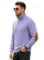 Men's lavender cable-knit sweater featuring a Henley collar and brown elbow patches - S / Light Purple