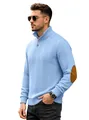 Men's light blue cable-knit Henley sweater with stylish brown elbow patches design. - S / Sky Blue