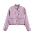 Giacca bomber lavanda da donna con colletto alla coreana, grandi tasche e bottoni. - Taglia S / Viola