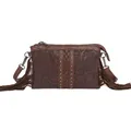 Vintage brown Bohemian PU leather crossbody bag with long fringes and floral embossing - Reddish Brown