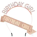 Rose gold Birthday Girl tiara and matching glitter sash set with sparkling rhinestones - Rose Gold Set
