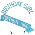 Glittering light blue Birthday Girl rhinestone headband and matching party sash set - Lake Blue Iridescent Set