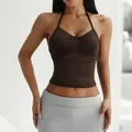 Women's brown halter neck yoga crop top with ruched chest detail, stylish slim fit garment. - XS / Brown