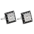 Men's square enamel cufflinks with black border and rhinestone center in silver finish - Black Square Radiating Rhinestone Style (B1244) / Natural