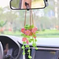 Handmade crochet flower hanging plant ornament for car rearview mirror decoration - Pink Five-Petal Flower