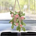 Detail view of handmade crochet pink rose hanging plant for car rearview mirror decor - Pink Rose Flower Basket