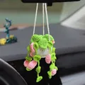 Handmade crochet hanging plant car charm with pink flowers and green leaves for rearview mirror - Pink Flower Petals Style