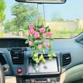 Detailed view of a handmade crochet rose plant hanging ornament for car rearview mirror decoration - Fluorescent Pink Short Rose