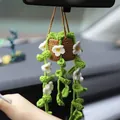 Beautiful handmade crochet potted plant hanging ornament for car rearview mirror decoration - White Flower (DFC128WH)