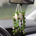 Handmade crochet hanging potted plant for car rearview mirror with green vines and pink flowers - Pink Flower Basket