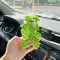 Handmade green crochet plant hanging ornament for car rearview mirror decoration - Fluorescent Green Hollow Leaf