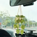 Handmade crochet monstera plant car hanging ornament for rearview mirror interior decor - Military Green Hollow Leaf