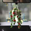 Detailed handmade crocheted plant hanging ornament for car rearview mirror decoration. - Red Flower Hanging Basket