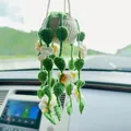 Handmade crochet plant car hanging ornament with tiny white flowers and green leaves - Solid Leaf White Flower