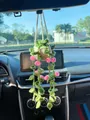 Handmade crochet plant car hanging ornament with pink roses for rearview mirror - Fluorescent Pink Long Rose