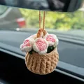 Crocheted pink rose flower basket car hanging ornament for rearview mirror - Gradient Rose Flower Basket