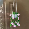 Handmade crochet potted plant pendant with pink flowers for car rearview mirror décor - New Pink Lily Of The Valley Basket