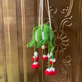 Handmade crochet car hanging plant ornament with red flowers in golden finish - New Red And White Flower Basket