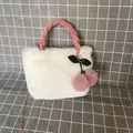 Cute faux fur cherry handbag with pink plush handle and gold chain strap in white color - Off White / 28*30cm