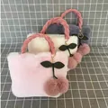 Cute plush faux rabbit fur cherry tote bags available in pink white and grey colors - Pink / 28*30cm