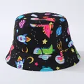 Detailed view of children's black bucket hat with colorful dinosaur space prints - S (50-54cm) / Black