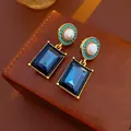 Close-up detail of vintage royal style earrings with blue gemstones and faux pearls - Gold Blue Rectangular Gem Drop Earrings (Silver Earring Post)