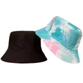 Detail view of reversible tie-dye and solid black bucket hats for sun protection - Tie-dye Print (CH-23)