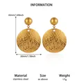 Textured gold stainless steel round drop earrings with dimensions and weight info - Heavy Industry Round Brushed Style(E6337) / 43mmx30mm / E6337