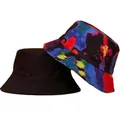 Detail of double-sided bucket hats featuring solid black and vibrant tie-dye patterns. - Tie-dye Print (CH-14)