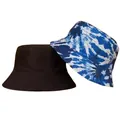 Detailed view of double-sided bucket hats in solid black and blue tie-dye pattern - Tie-dye Print (CH-5)
