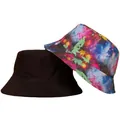 Reversible bucket hat featuring solid black and colorful tie-dye galaxy leaf print - M (56-58cm) / Tie-dye Print (CH-28)