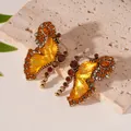 Vintage court style butterfly earrings with yellow resin and sparkling rhinestones - Gold Yellow Butterfly Earrings (Silver Earring Post)