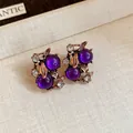 Elegant vintage purple bead earrings with rhinestones in a court style bronze finish. - Gold Purple Earrings (Silver Earring Post)