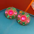 Vintage round earrings with pink and green crystals in gold-tone palace style setting. - Gold Pink Green Earrings (Silver Earring Post)