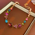 Exquisite vintage style luxury choker with colorful gemstones and pearls in gold finish - Gold Champagne Pearl Multicolor Gem Necklace
