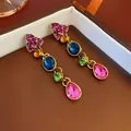 Vintage court style drop earrings with vibrant colorful crystals in a gold setting. - Multicolor Gem Drop Earrings (Silver Earring Post)