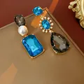 Luxurious vintage palace style asymmetric earrings with large blue and grey crystals - Gold Blue Gray Irregular Drop Earrings (Silver Earring Post)