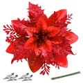 14.5cm red glitter artificial poinsettia flower with clips for Christmas tree decoration - 14.5cm / Red