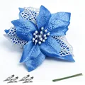 Blauwe en zilveren 14,5 cm drielaagse kunstkerstbloem met glitter, clips en groene stelen - 15CM / Blauw