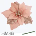 14,5 cm roze glitter kerstbloem decoratie met metalen clips en groene stelen - 15CM / Roségoud