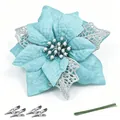Lichtblauwe 14,5 cm glitter kunstkerstbloem voor boomdecoratie met clips en stelen - 15CM / Cyaan